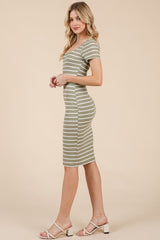 Sage Striped Double Layered Square Neck Midi Dress