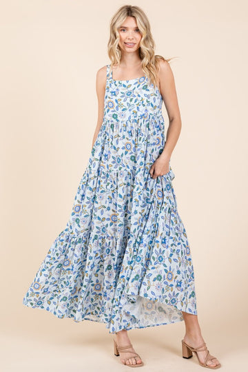 Blue Floral Sleeveless Tiered Maxi Dress