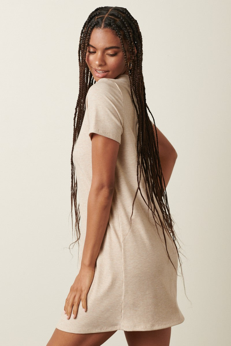 Beige Ribbed Knit Basic Short Sleeve T-Shirt Dress