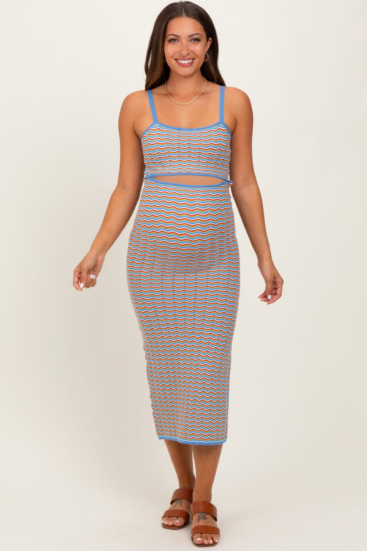 Aqua Chevron Knit Cutout Fitted Maternity Midi Dress