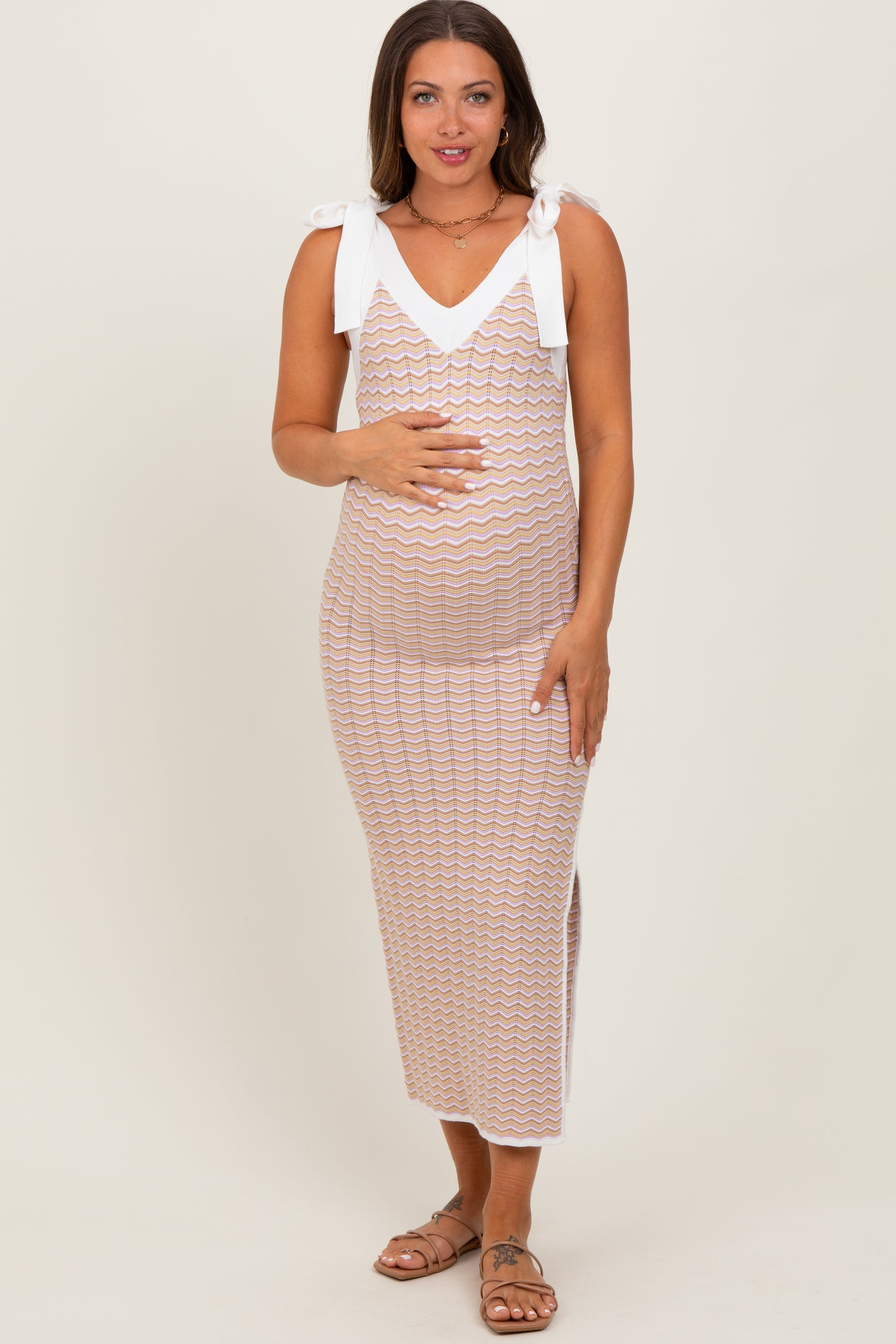Lavender Chevron Knit Shoulder Tie Maternity Midi Dress