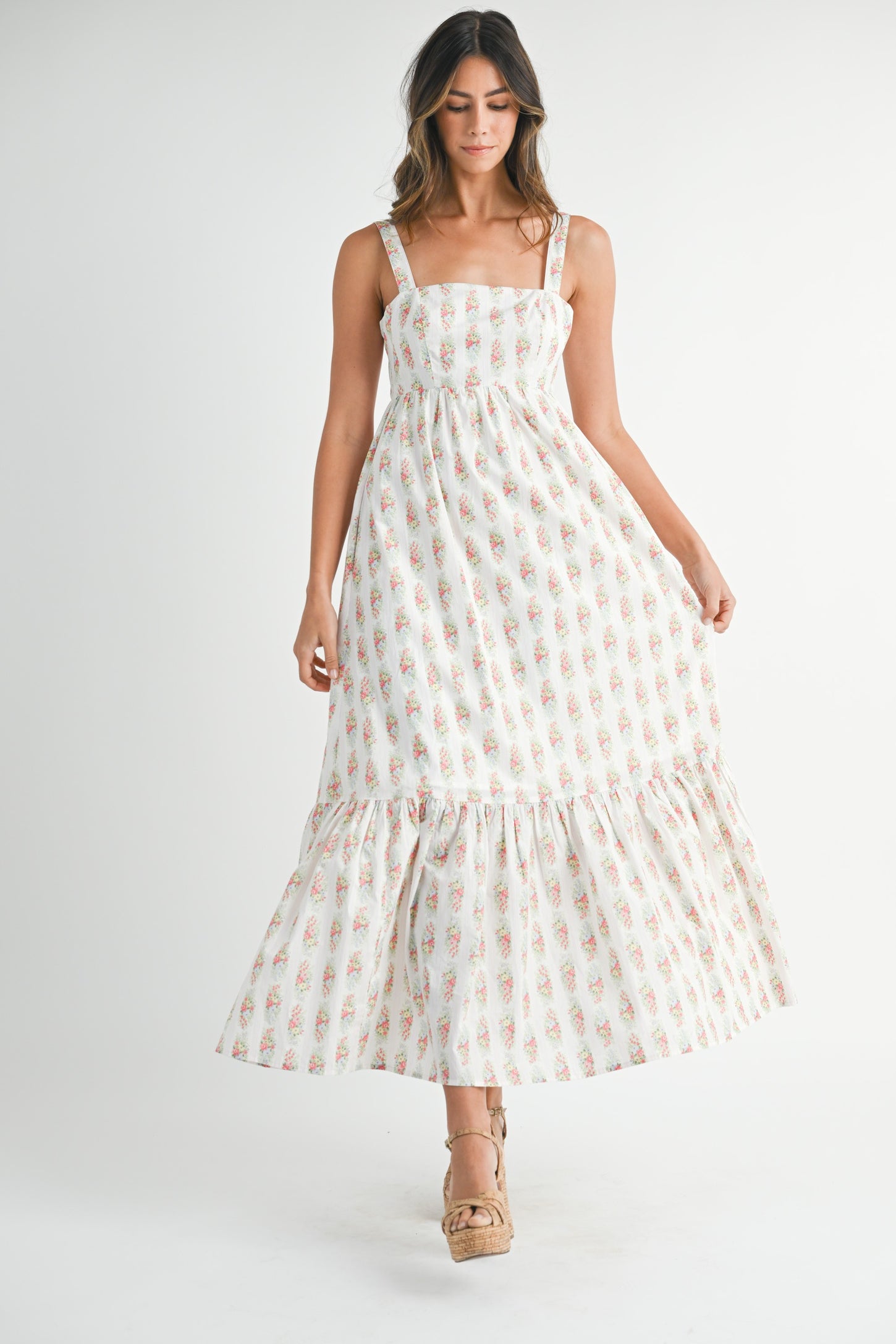 Ivory Floral Print Ruffle Hem Maxi Dress