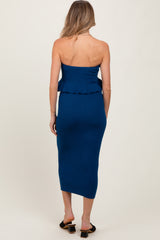Navy Strapless Ribbed Knit Peplum Top Midi Skirt Maternity Set