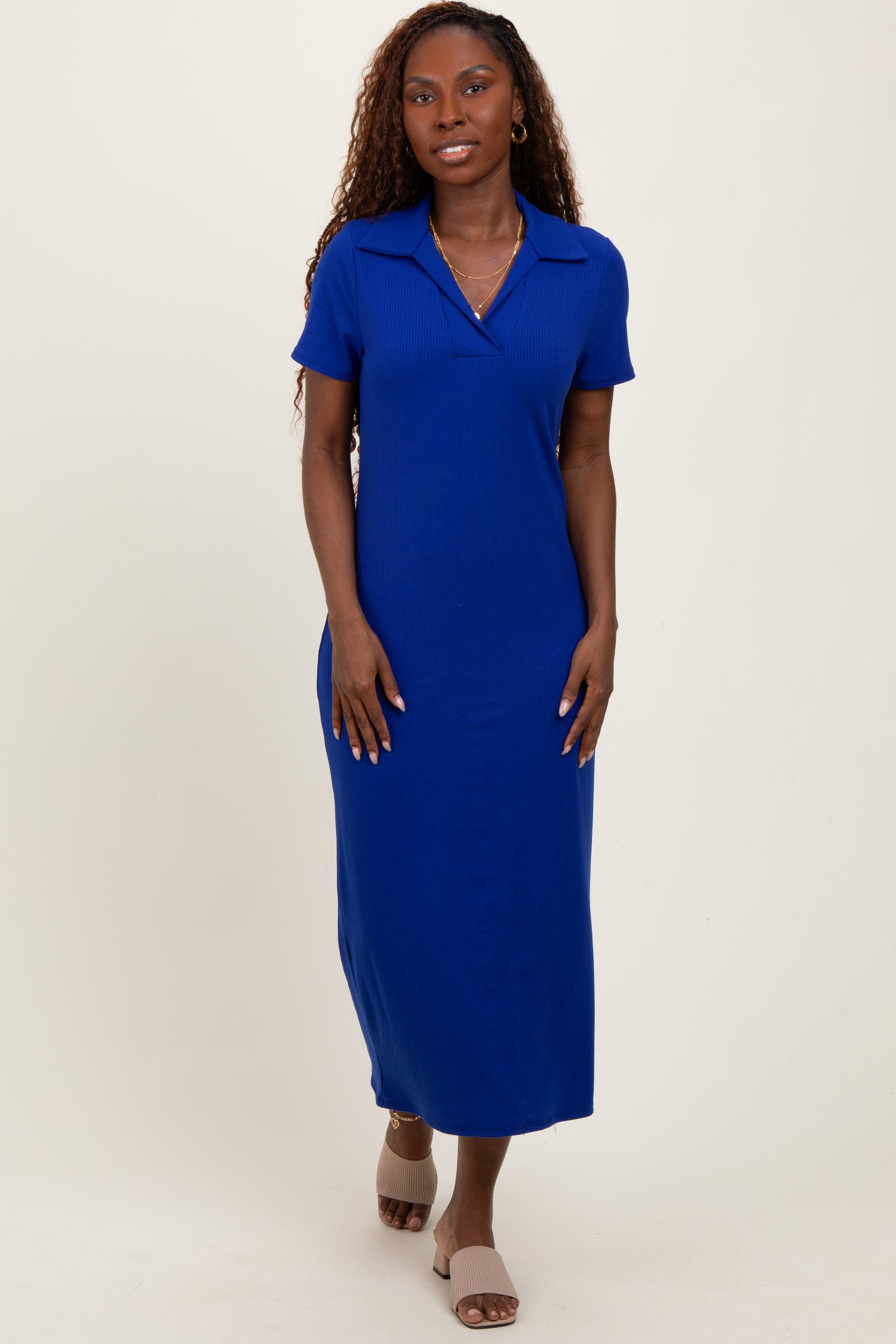 Royal Blue Ribbed Knit Polo Maternity Midi Dress