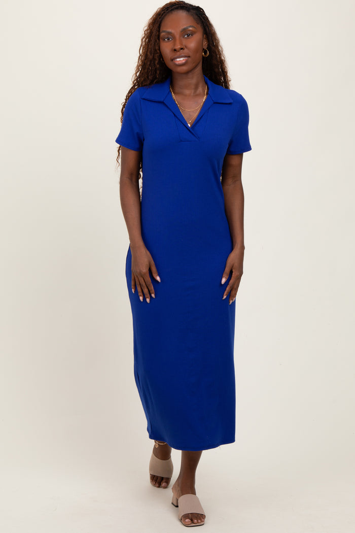 Royal Blue Ribbed Knit Polo Maternity Midi Dress
