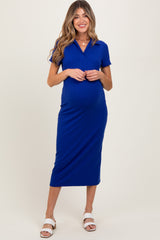 Royal Blue Ribbed Knit Polo Maternity Midi Dress