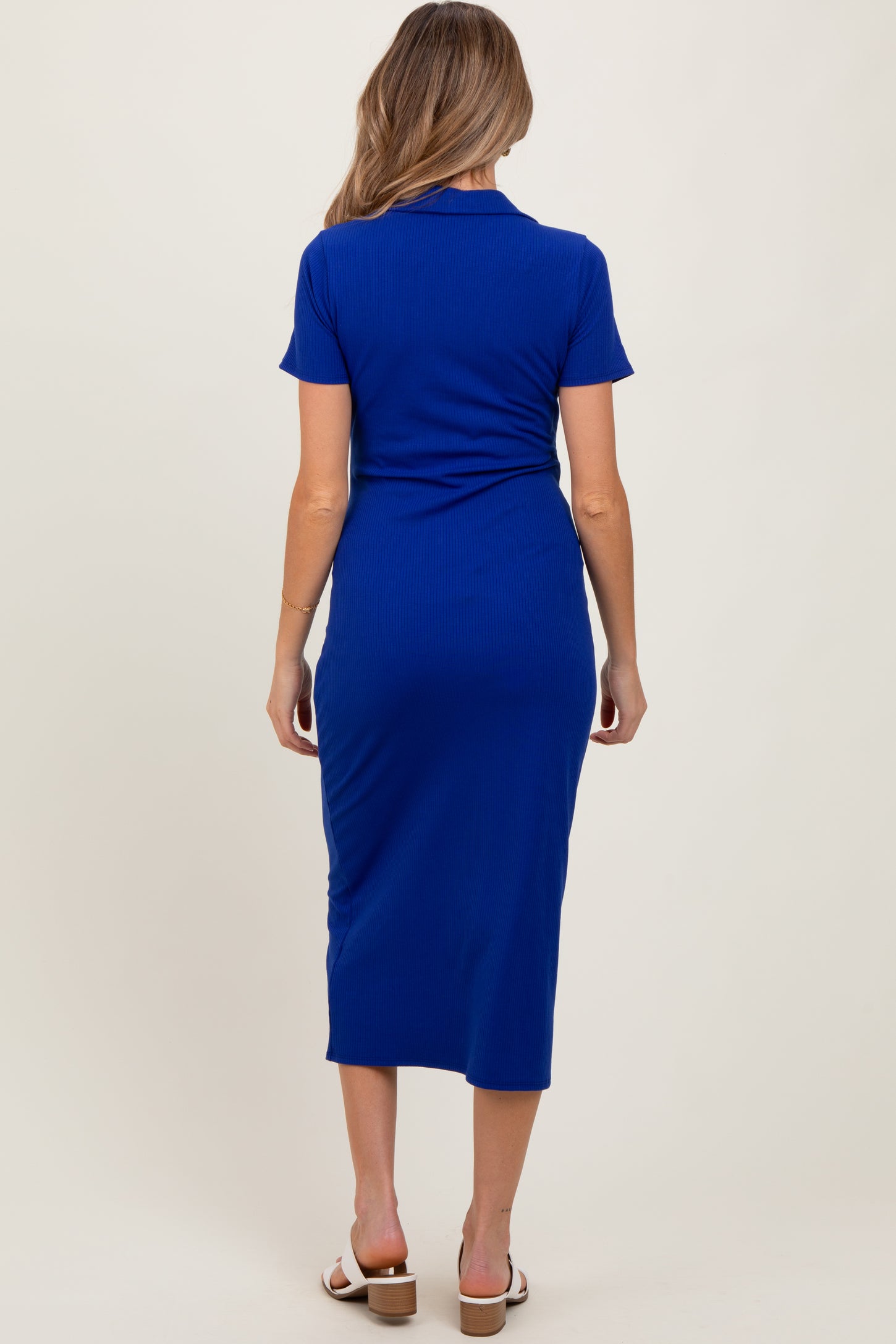 Royal Blue Ribbed Knit Polo Maternity Midi Dress