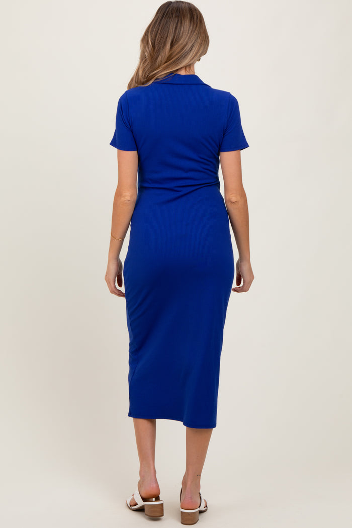 Royal Blue Ribbed Knit Polo Maternity Midi Dress