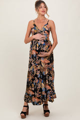 Black Tropical Print Twist Front Cutout Maternity Maxi Dress