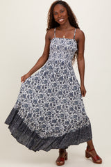 Navy Blue Floral Smocked Handkerchief Hem Maxi Dress