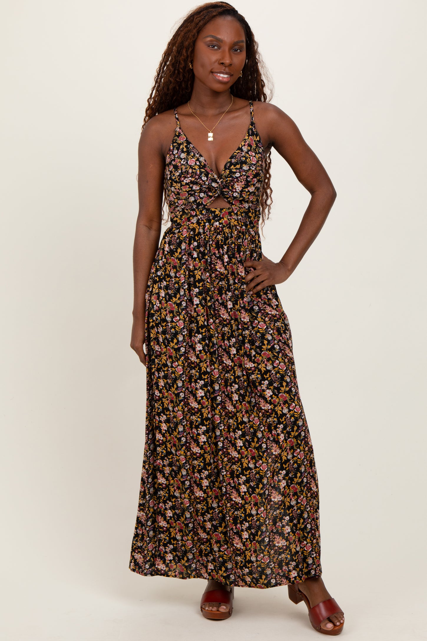 Black Floral Twist Front Cutout Maxi Dress