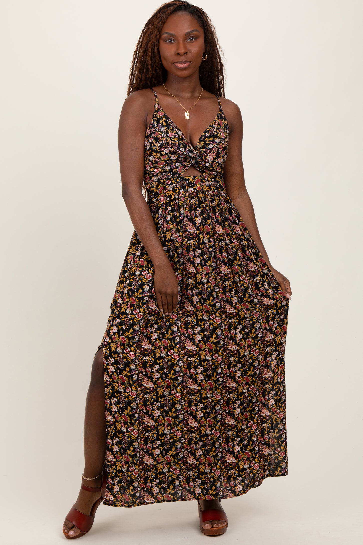 Black Floral Twist Front Cutout Maxi Dress