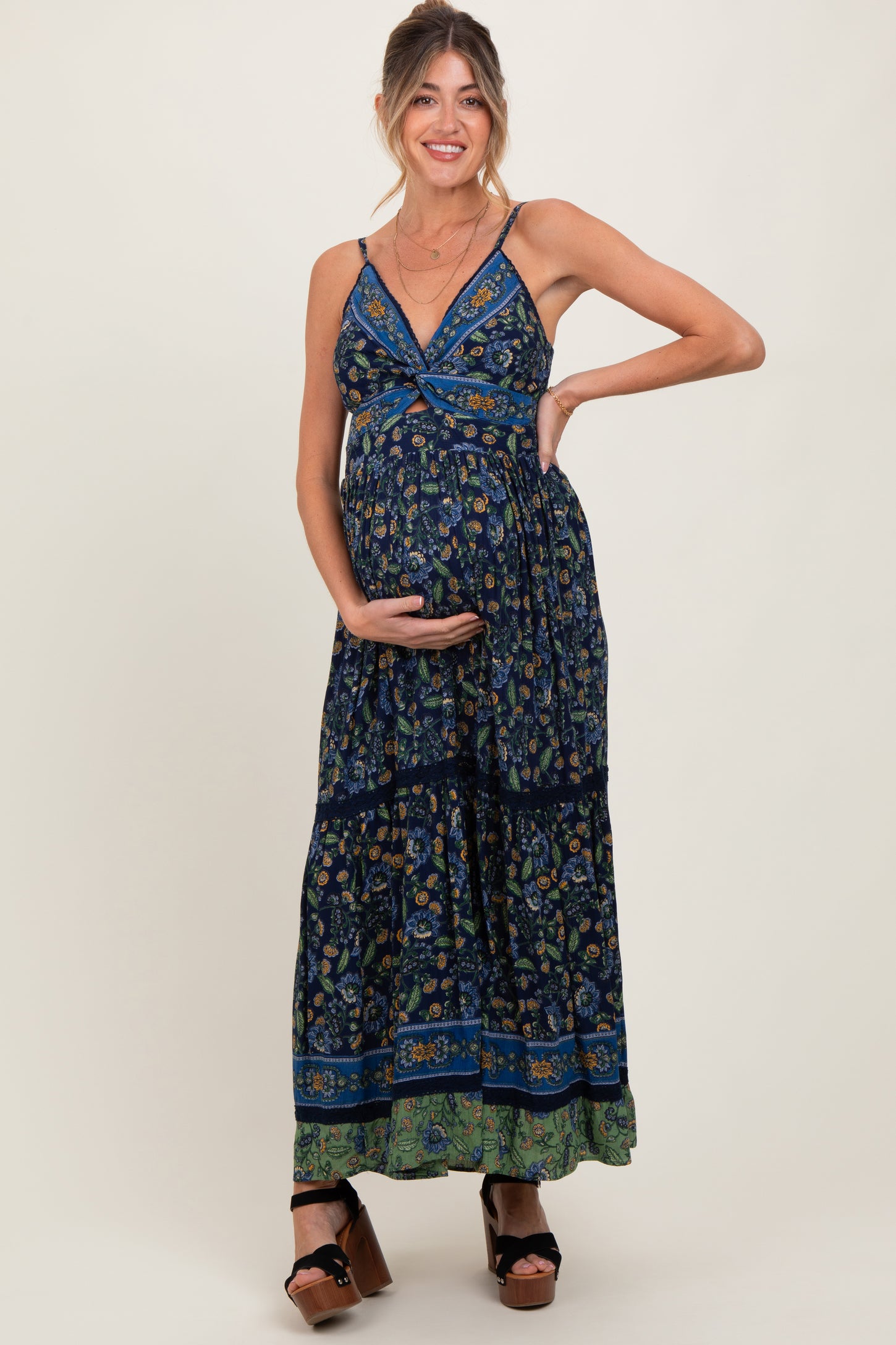 Navy Floral Twist Front Cutout Maternity Maxi Dress