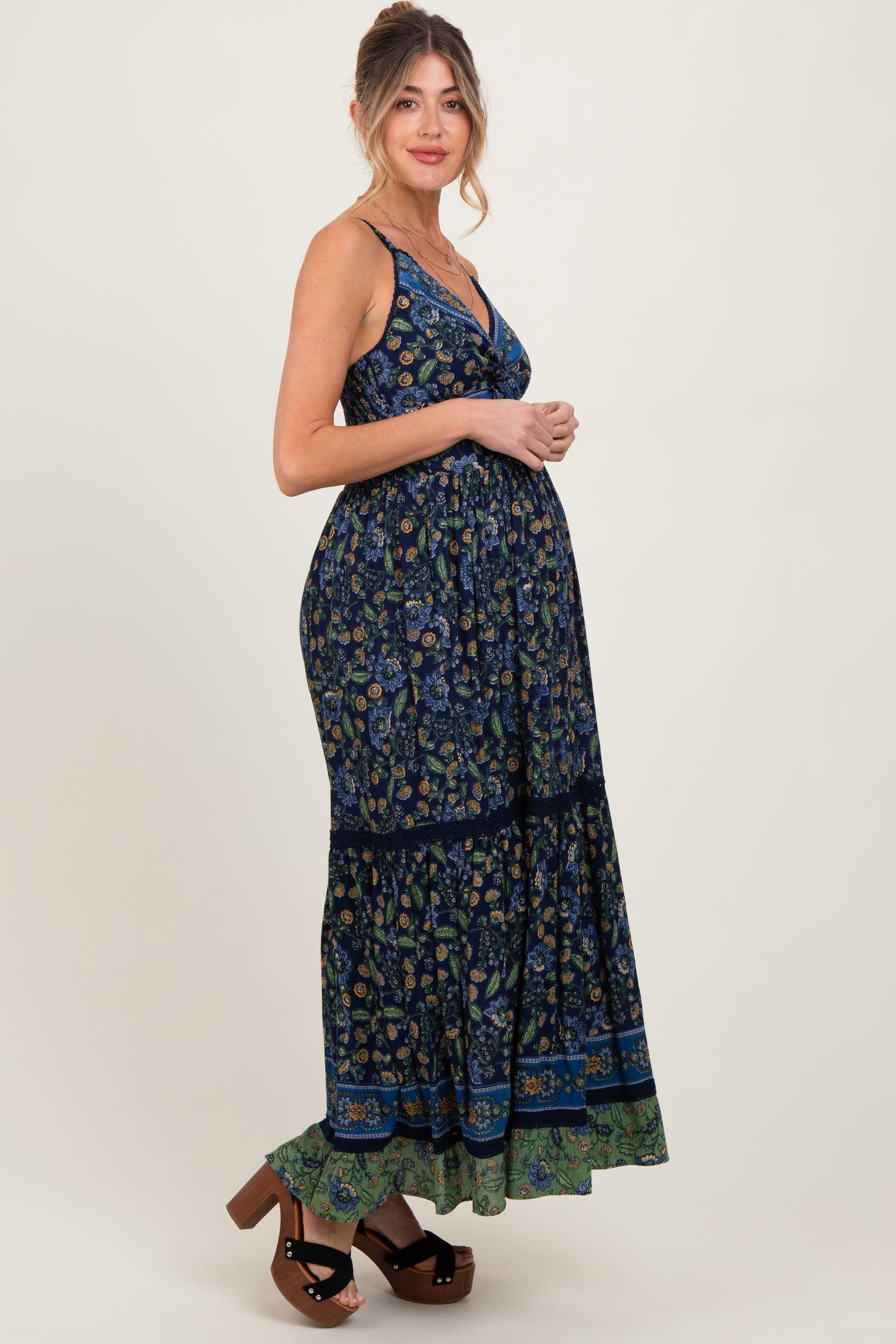Navy Floral Twist Front Cutout Maternity Maxi Dress