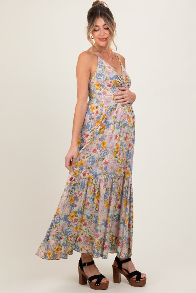 Mint Green Floral Twist Front Cutout Maternity Maxi Dress