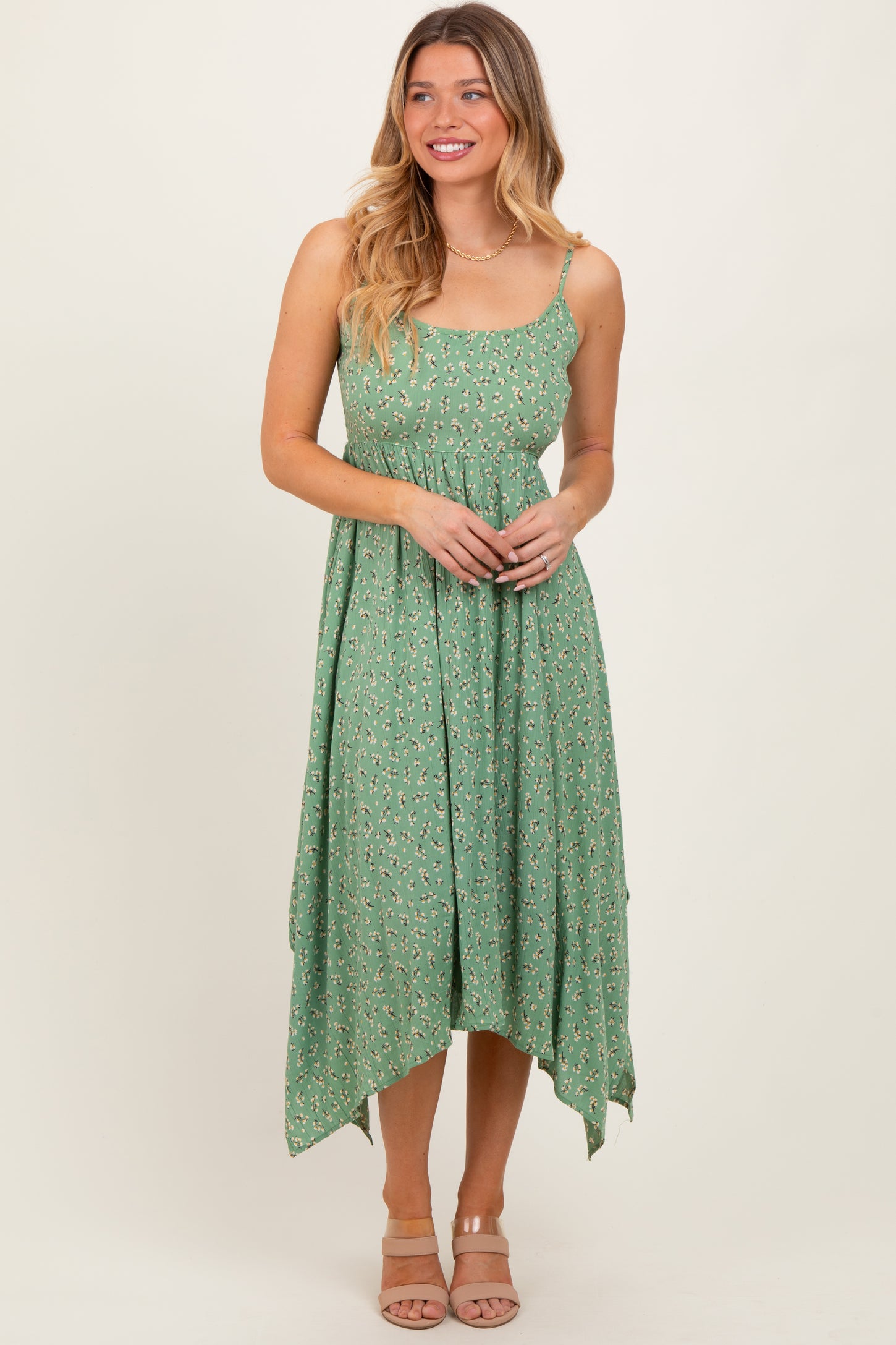 Light Olive Floral Handkerchief Hem Maternity Midi Dress
