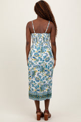 Blue Floral Border Print Cutout Midi Dress