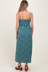 Light Teal Embroidered Floral Smocked Maternity Midi Dress