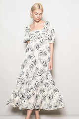 Ivory Rose Print Pleated Bodice Maxi Dress