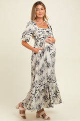 Ivory Rose Print Pleated Bodice Maternity Maxi Dress