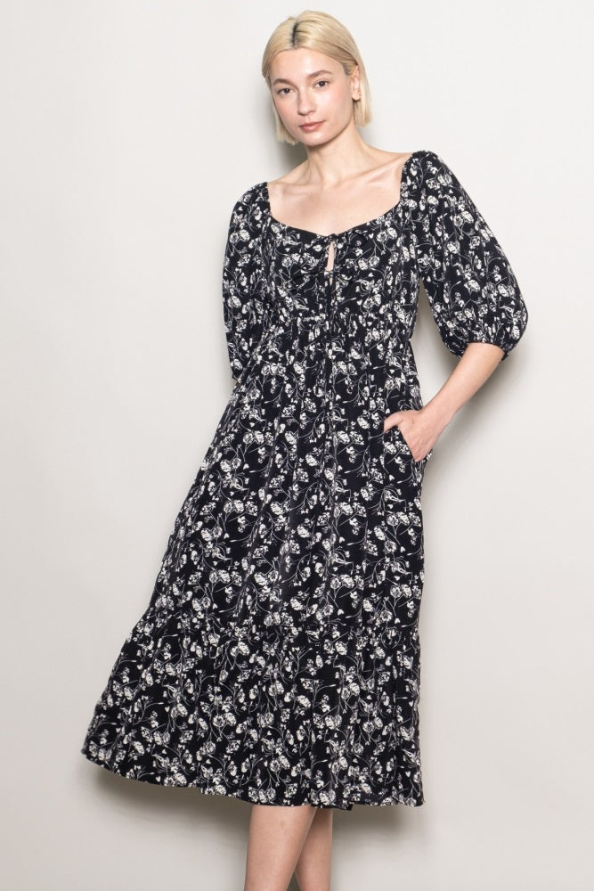 Black Floral Front Tie Puff Sleeve Midi Dress