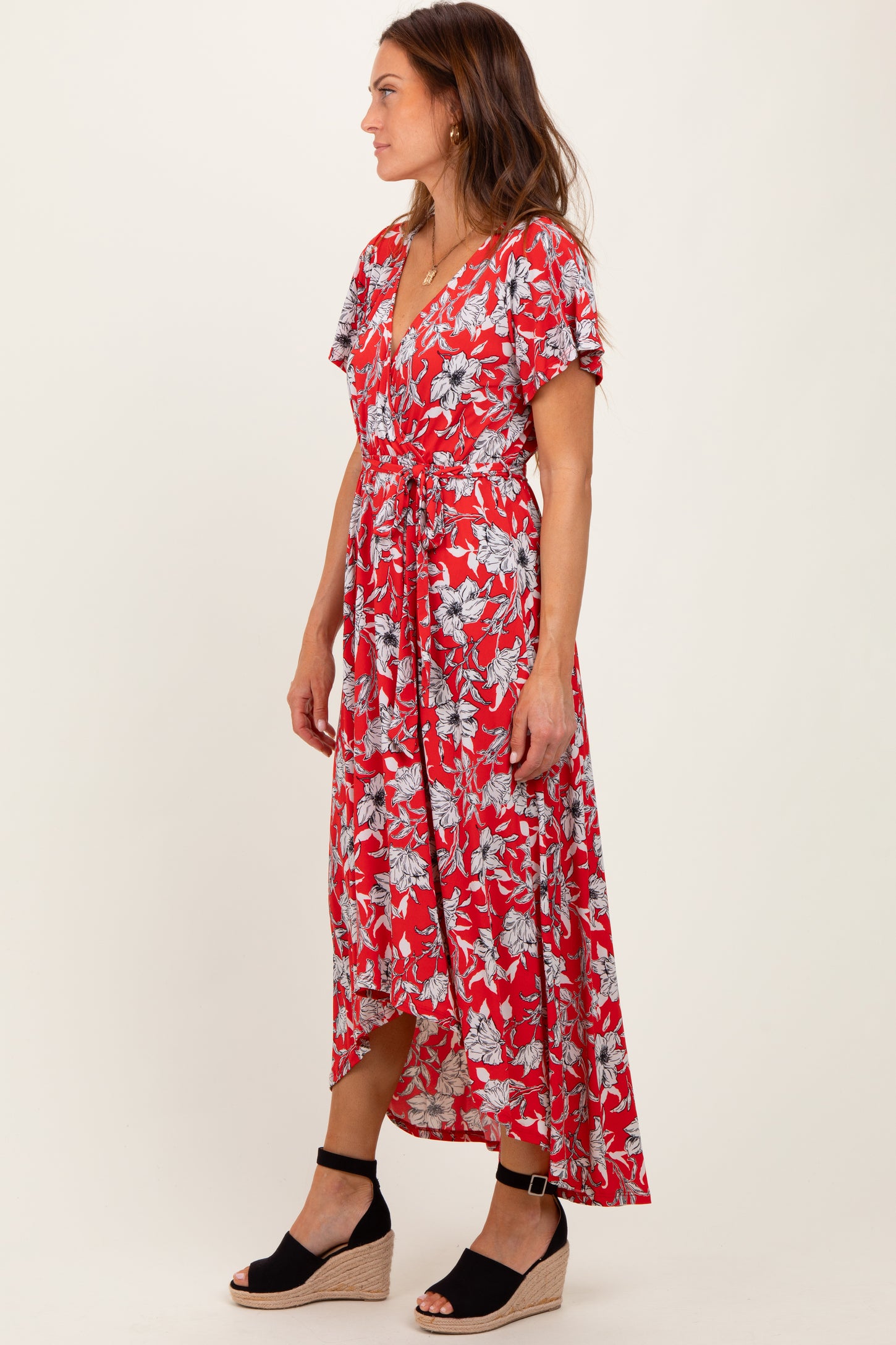 Red Floral Sash Tie Wrap Hi-Low Dress