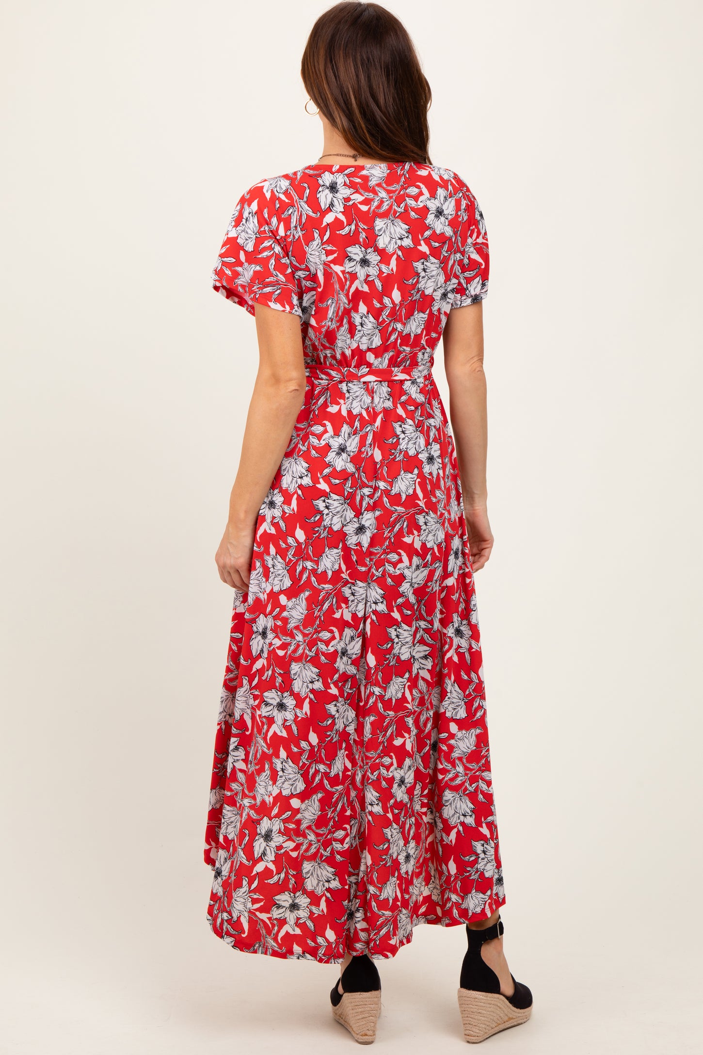 Red Floral Sash Tie Wrap Hi-Low Dress