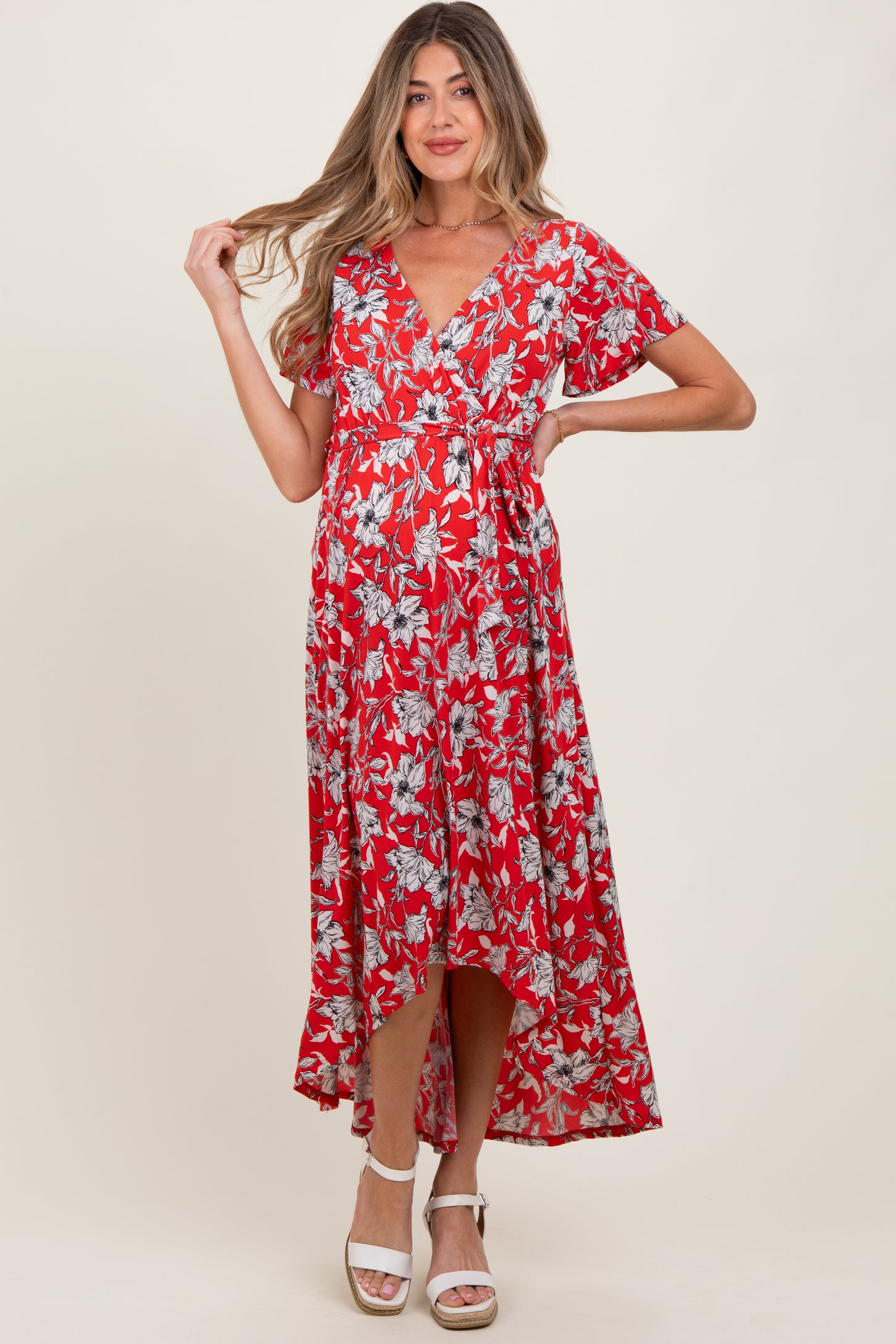 Red Floral Sash Tie Maternity Wrap Hi-Low Dress