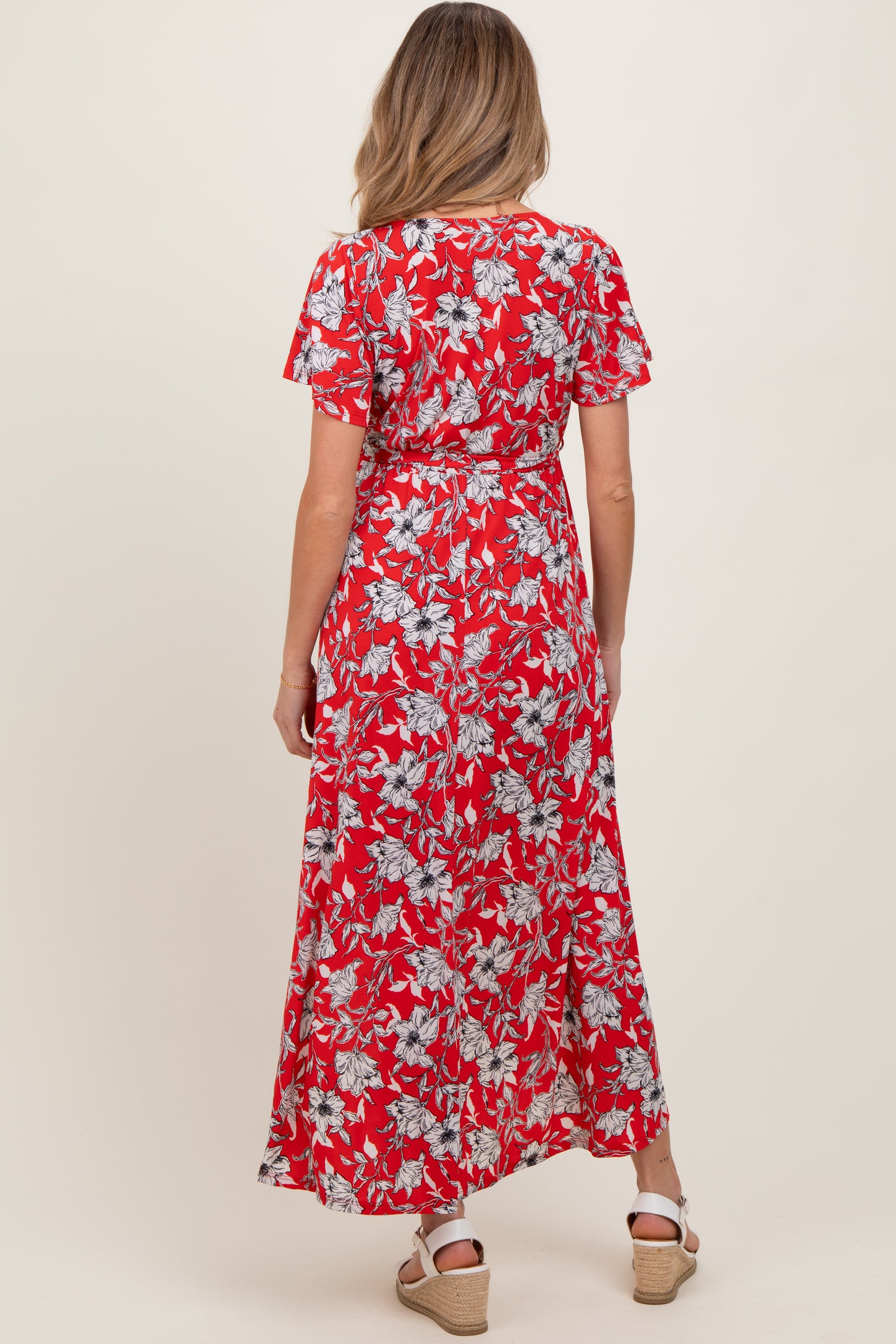 Red Floral Sash Tie Maternity Wrap Hi-Low Dress
