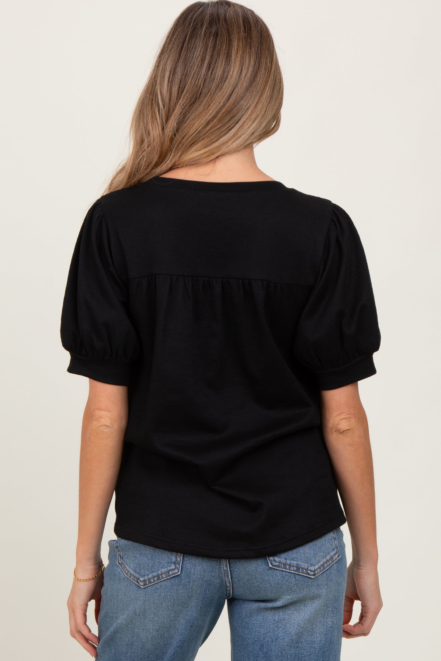 Black Ribbed Puffed Sleeve Maternity Top