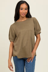 Olive Ribbed Puffed Sleeve Top