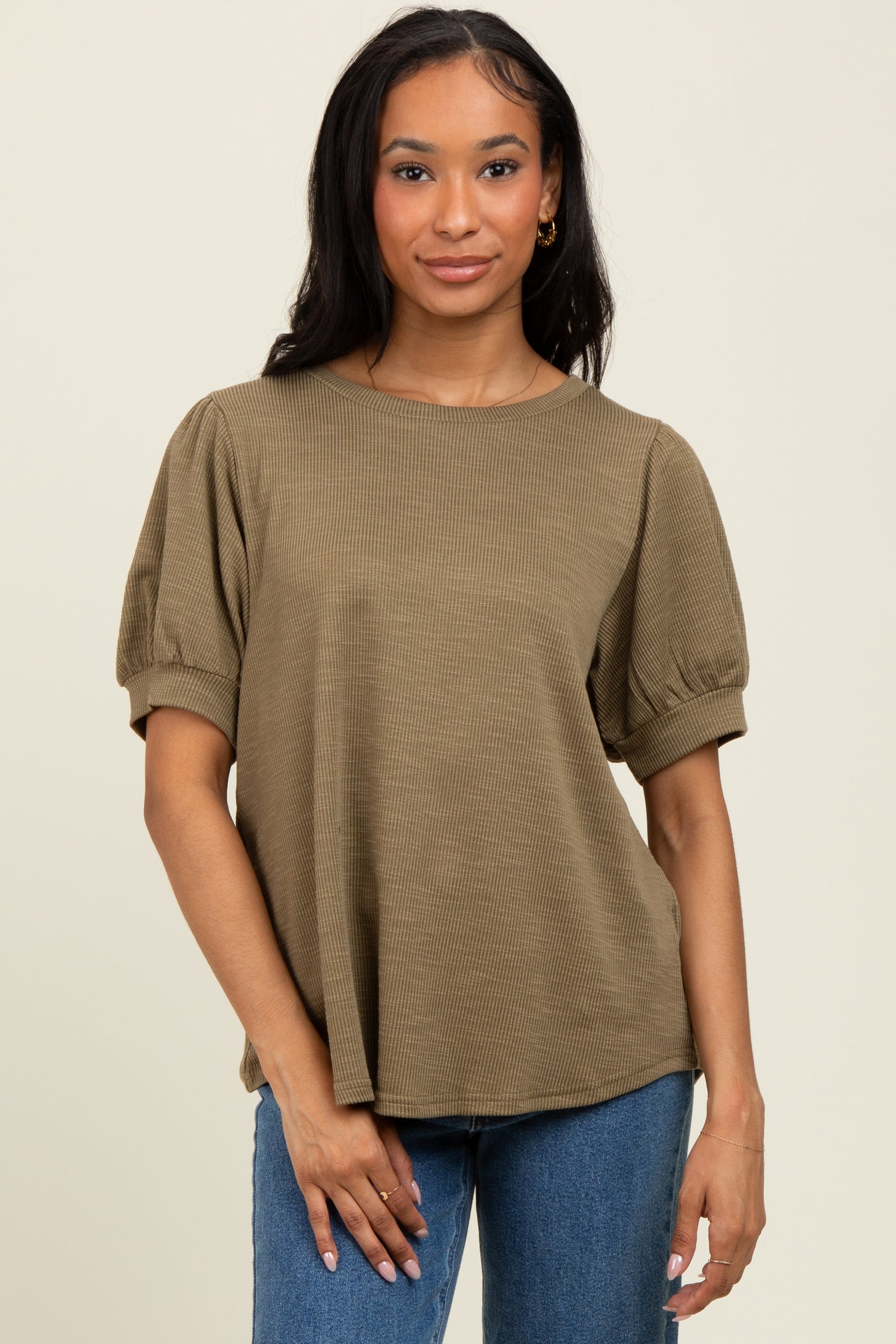Olive Ribbed Puffed Sleeve Top