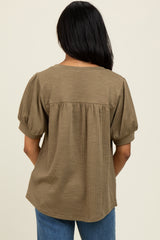 Olive Ribbed Puffed Sleeve Top