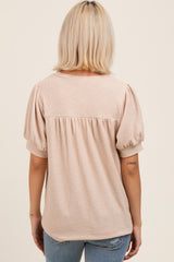 Beige Ribbed Puffed Sleeve Maternity Top