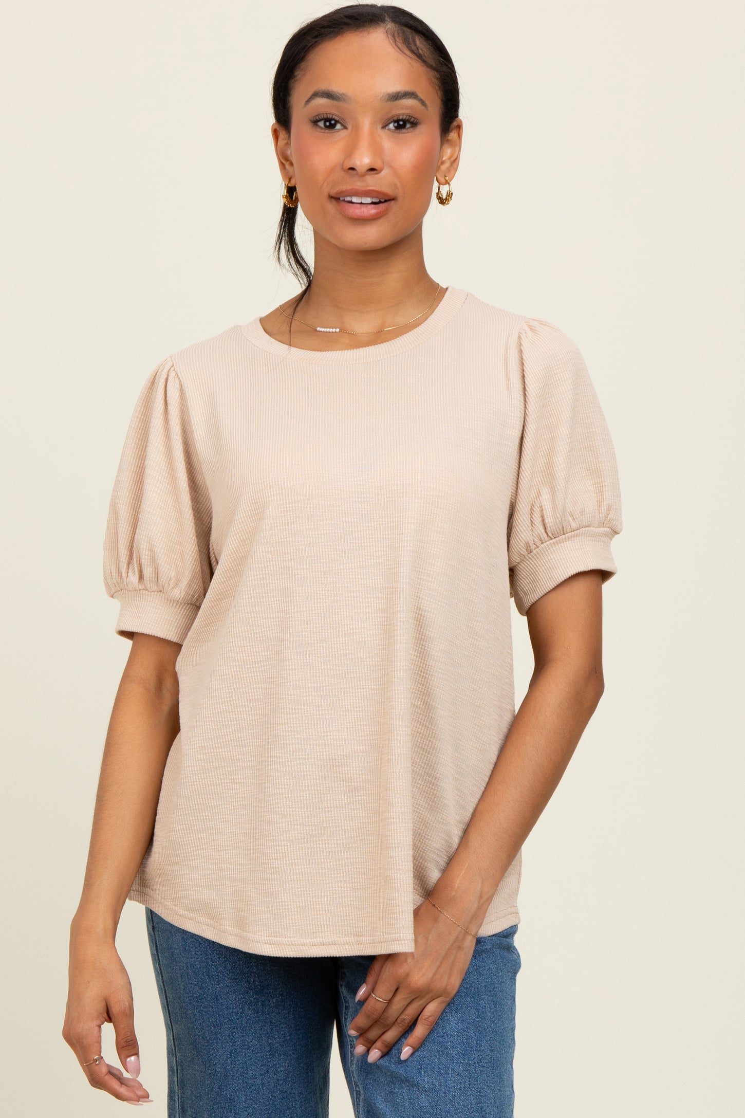 Beige Ribbed Puffed Sleeve Top