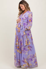 Lavender Floral Chiffon Sash Tie Maternity Wrap Maxi Dress