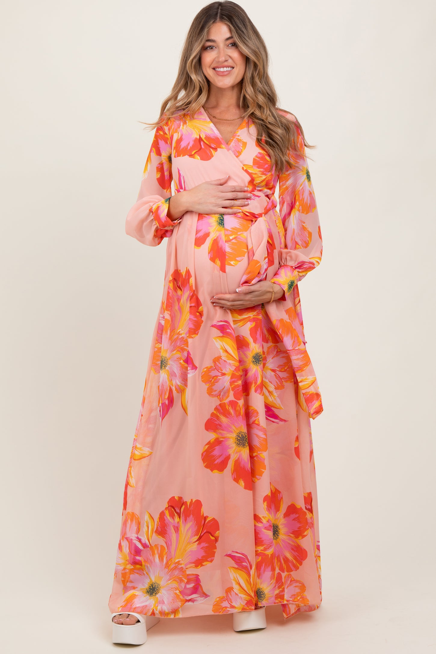 Peach Floral Chiffon Sash Tie Maternity Wrap Maxi Dress