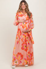 Peach Floral Chiffon Sash Tie Maternity Wrap Maxi Dress