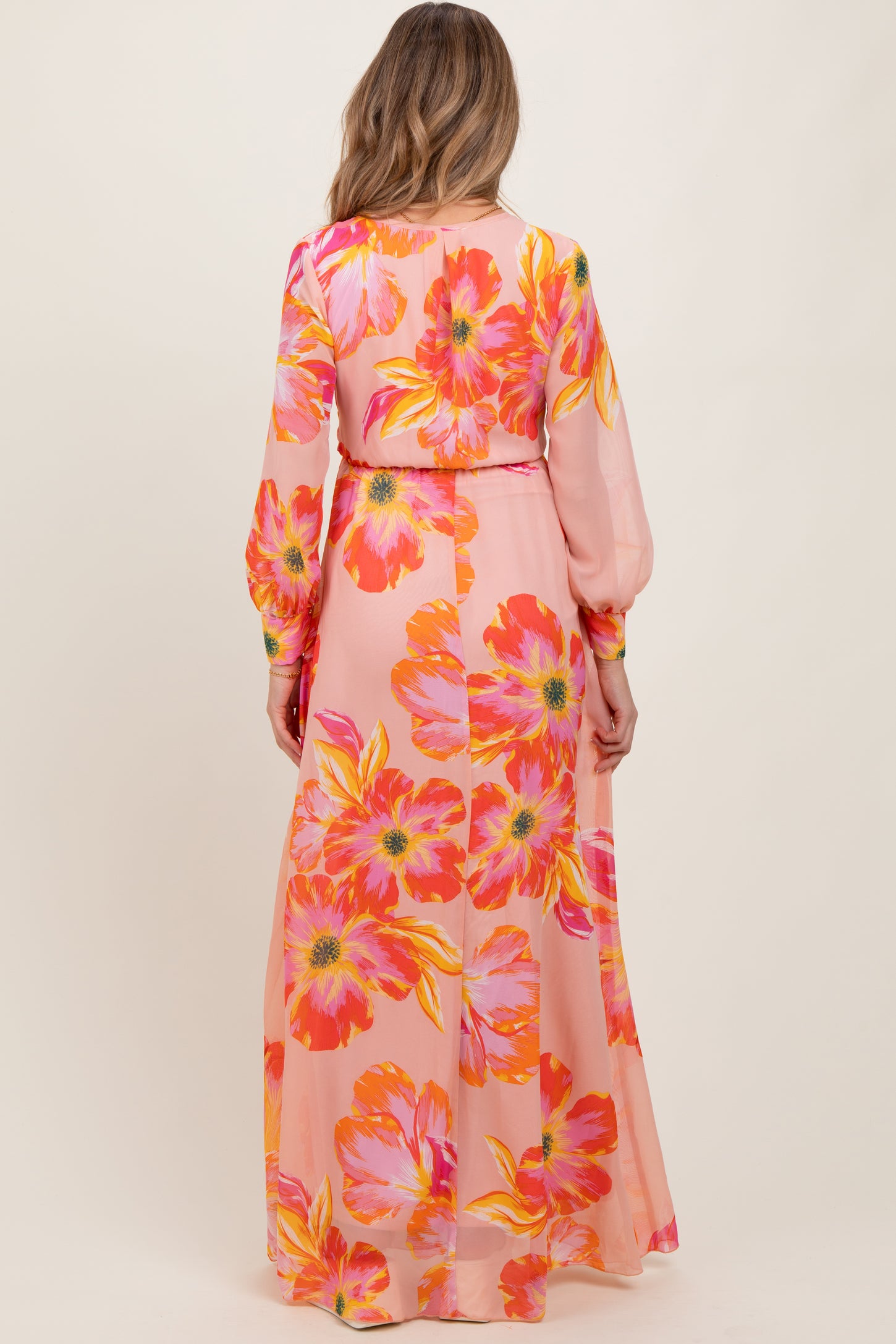 Peach Floral Chiffon Sash Tie Maternity Wrap Maxi Dress