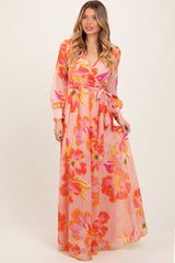 Peach Floral Chiffon Sash Tie Wrap Maxi Dress