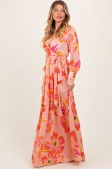 Peach Floral Chiffon Sash Tie Wrap Maxi Dress