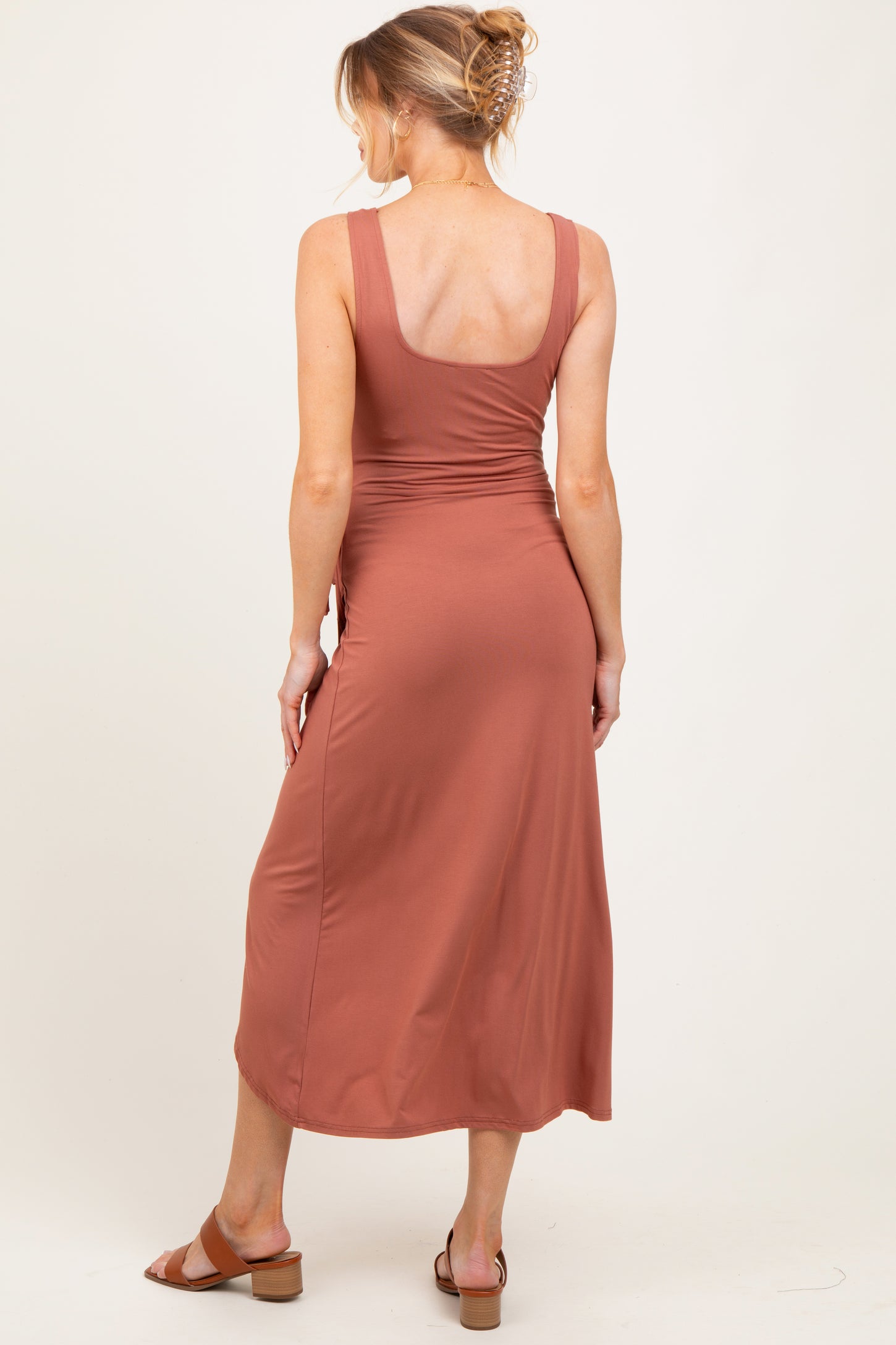 Light Rust Sleeveless Wrap Waist Maternity Midi Dress