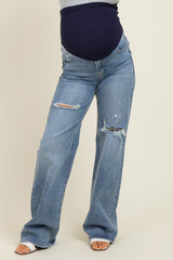Blue Ripped Knee Wide Leg Maternity Jeans