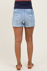 Light Blue Distressed Fringe Hem Maternity Jean Shorts