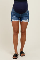 Navy Super Distressed Maternity Jean Shorts
