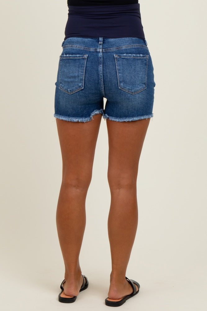 Navy Super Distressed Maternity Jean Shorts