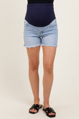 Light Blue Fringe Hem Maternity Jean Shorts