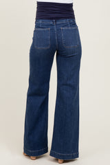 Navy Blue Front Seam Slit Wide Leg Maternity Jeans