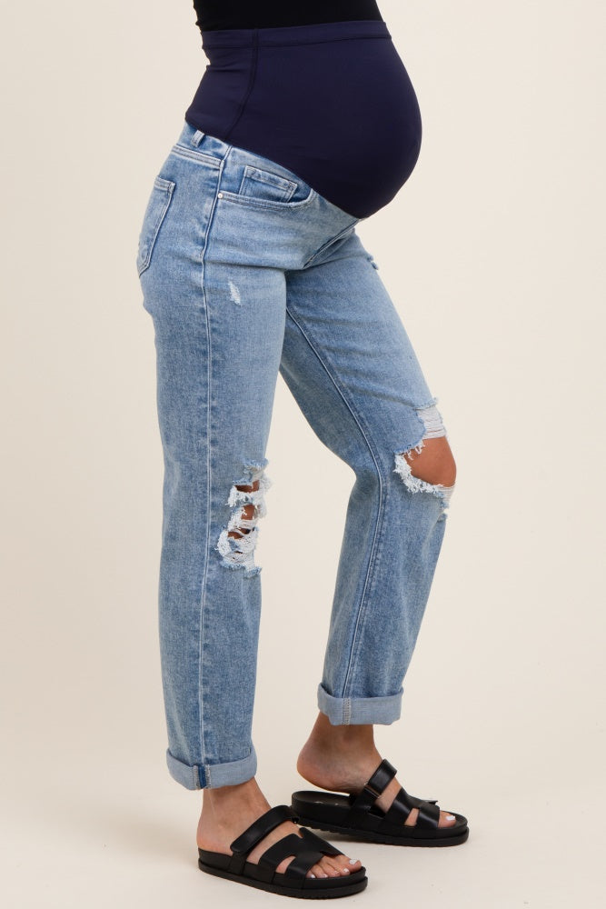 Light Blue Ripped Knee Rolled Cuff Straight Leg Maternity Jeans