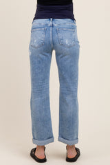 Light Blue Ripped Knee Rolled Cuff Straight Leg Maternity Jeans